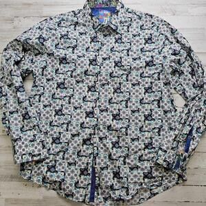 ROBERT GRAHAM Sports Shirt Size XL Classic Fit Geometric All Over Print Flip Cuf